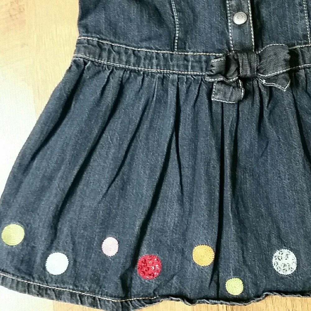 Gymboree Girls Denim Short Sleeve Embroidered Polka‎ Dot Snap Dress Size 9